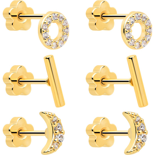Clear CZ Gem Moon Circle Bar Reversible Flower Earring Set of 6