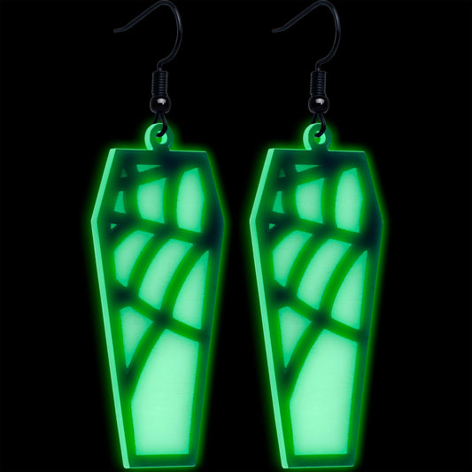 Black Spider Web Coffin Glow in the Dark Dangle Earrings