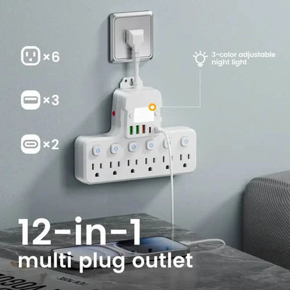 12-in-1 Adjustable Desk Lamp Power Strip – 6 AC Outlets