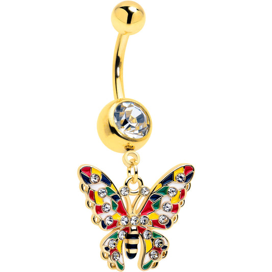 Clear Gem Gold Tone Butterfly Dangle Belly Ring