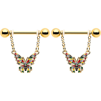 14G 9/16 Clear Gem Gold Tone Color Block Butterfly Dangle Nipple Ring Set