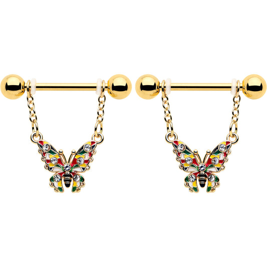 14G 9/16 Clear Gem Gold Tone Color Block Butterfly Dangle Nipple Ring Set