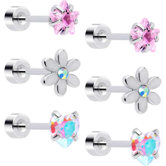 20G Pink Aurora Gem Flower Flatback Earring Set of 6