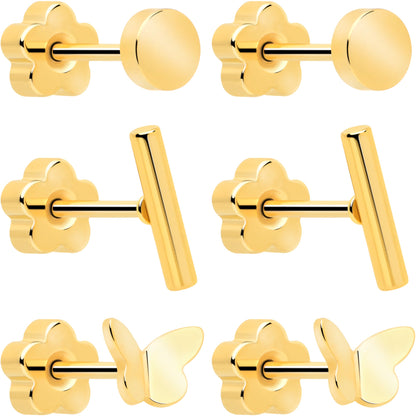 20G Bar Disc Butterfly Reversible Flower Flat Back Earring Set of 6