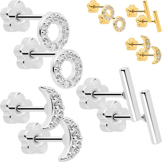 Clear CZ Gem Moon Circle Bar Reversible Flower Earring Set of 6