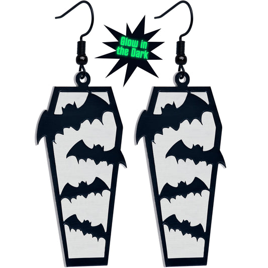 Black Bat Coffin Glow in the Dark Dangle Earrings