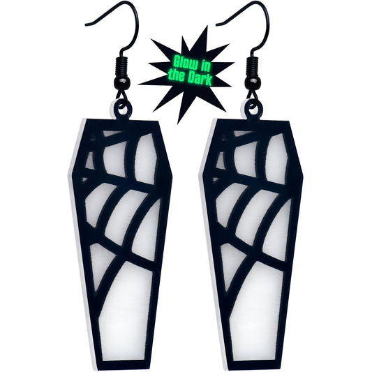 Black Spider Web Coffin Glow in the Dark Dangle Earrings
