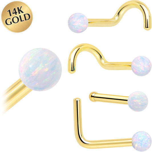 14k Yellow Gold Opal Ball Nose Ring