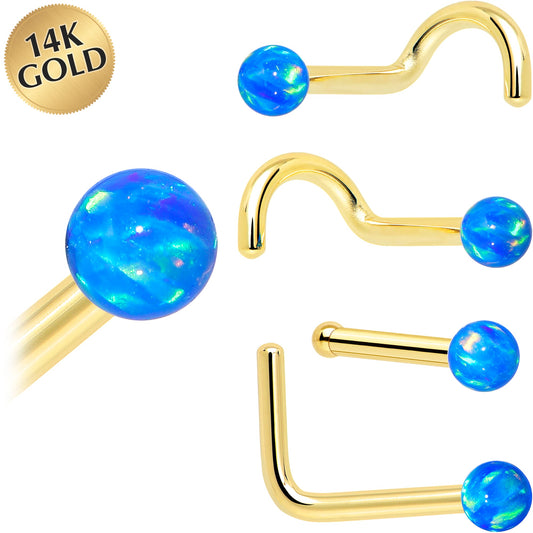 14k Yellow Gold Blue Synthetic Opal Ball Nose Ring