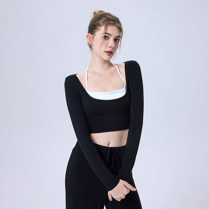 Nude Feel Contrast Color Yoga Clothes Long Sleeve Semi Fixed Cup Running Slim Sports Bra Breathable Workout Clothes Top