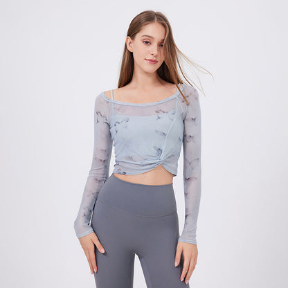 Floral Butterfly Faux Two Piece Sports T Shirt Women Long Sleeve with Chest Pad Yoga Clothes Mesh Top Quick Drying Slimming Workout Clothes
