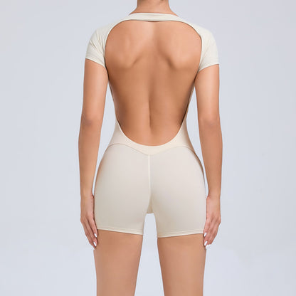 Backless Peach Hip Skinny Yoga Clothes Dance Sports Workout Clothes Hip Lift Belly Shaping Short Sleeve Yoga Jumpsuit