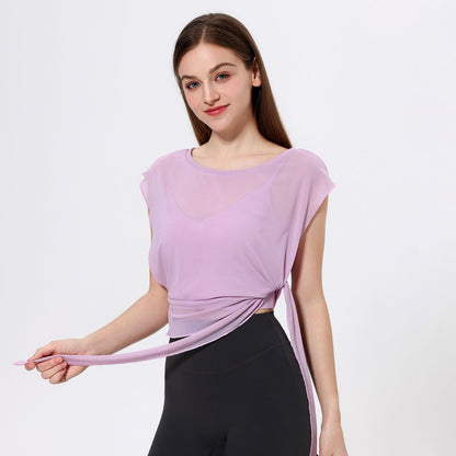 Two Piece Mesh Yoga Clothes Short Sleeve Running Quick Drying Sports Bra One Piece Cup Workout Dance Clothes Top