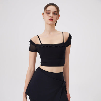 Sexy Lace Mesh Yoga Clothes Short Sleeve Running Quick Drying Sports Bra with Chest Pad One Piece Cup Workout Clothes