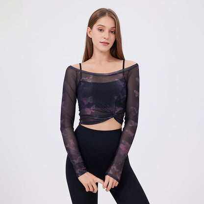 Floral Butterfly Faux Two Piece Sports T Shirt Women Long Sleeve with Chest Pad Yoga Clothes Mesh Top Quick Drying Slimming Workout Clothes