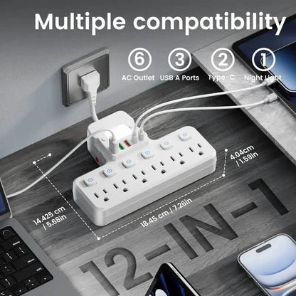 12-in-1 Adjustable Desk Lamp Power Strip – 6 AC Outlets