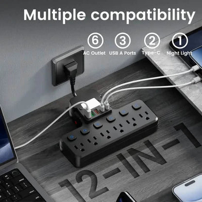 12-in-1 Adjustable Desk Lamp Power Strip – 6 AC Outlets