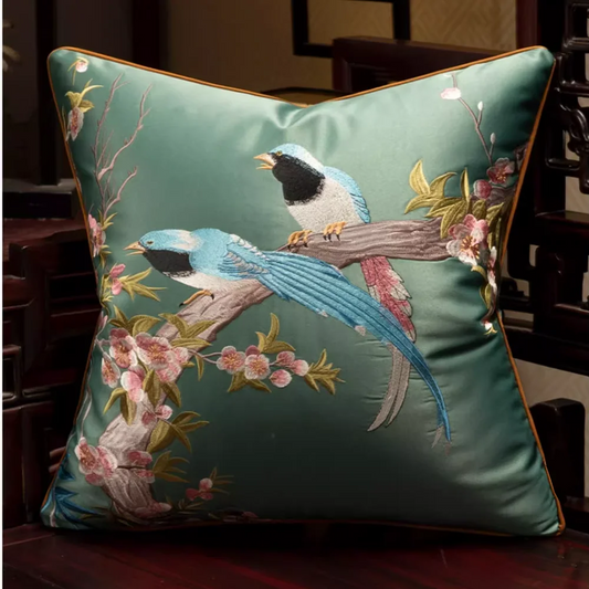 Embroidered Magpies Silk‑Like Pillowcase