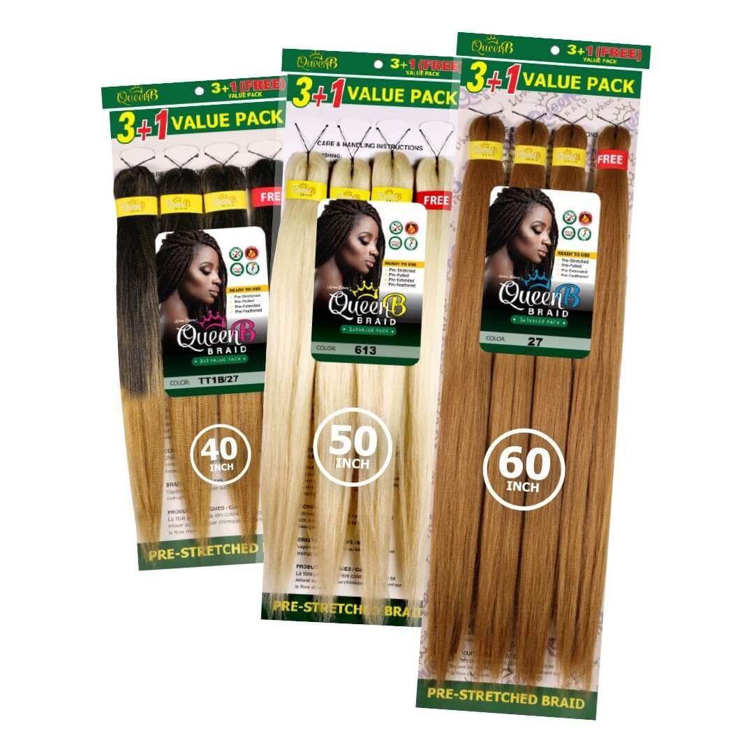 Queen B Pre-Stretched Braiding Hair Value Pack